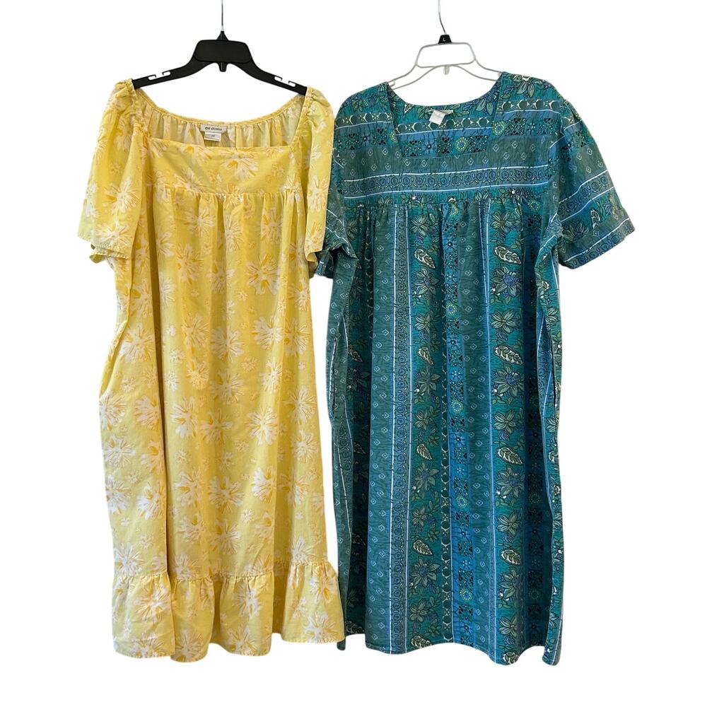 BUNDLE of 2 CW Classic House Dresses Yellow Floral Blue Green Tropical 3X